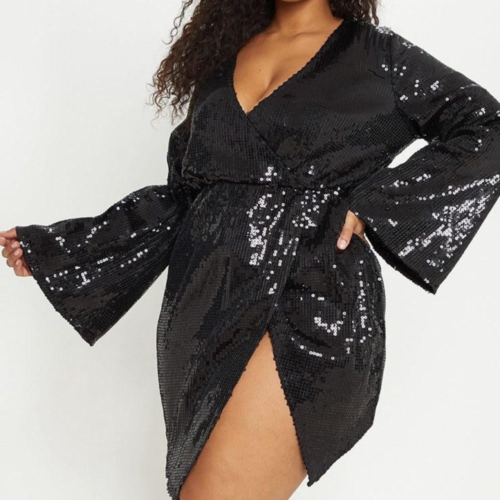 Plus Black Sequin Wrap mini shift dress